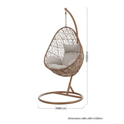 Large Brown Hanging Egg Chair with Grey Cushion and Stand – Indoor and Outdoor Use