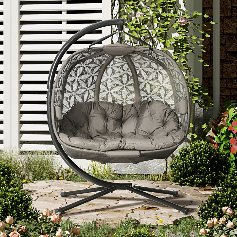 Grey Double Hanging Egg Chair with Stand and Cushions – Indoor & Outdoor Two-Seater Swing