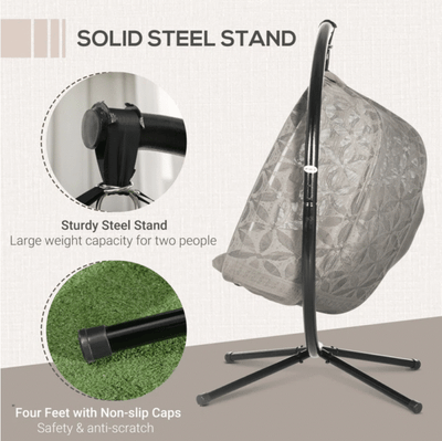 Grey Double Hanging Egg Chair with Stand and Cushions – Indoor & Outdoor Two-Seater Swing