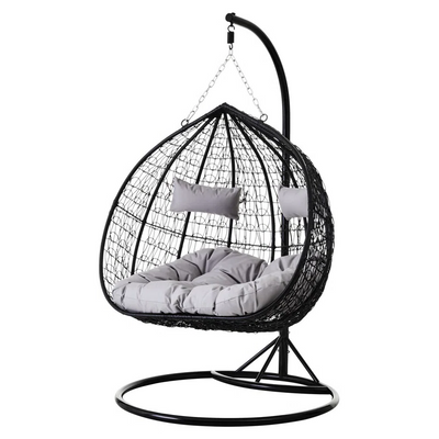 Black Rattan Effect Double Hanging Egg Chair with Stand and Grey Cushions