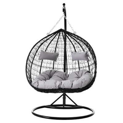 Black Rattan Effect Double Hanging Egg Chair with Stand and Grey Cushions