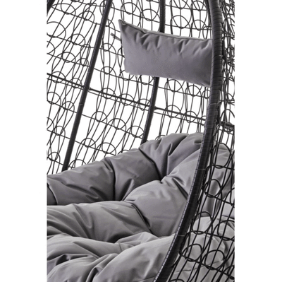 Black Rattan Effect Double Hanging Egg Chair with Stand and Grey Cushions