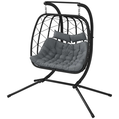 Large Double Hanging Egg Chair for Garden with Stand and Grey Cushion – Weather Resistant