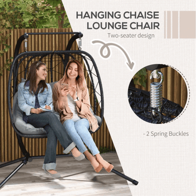 Large Double Hanging Egg Chair for Garden with Stand and Grey Cushion – Weather Resistant