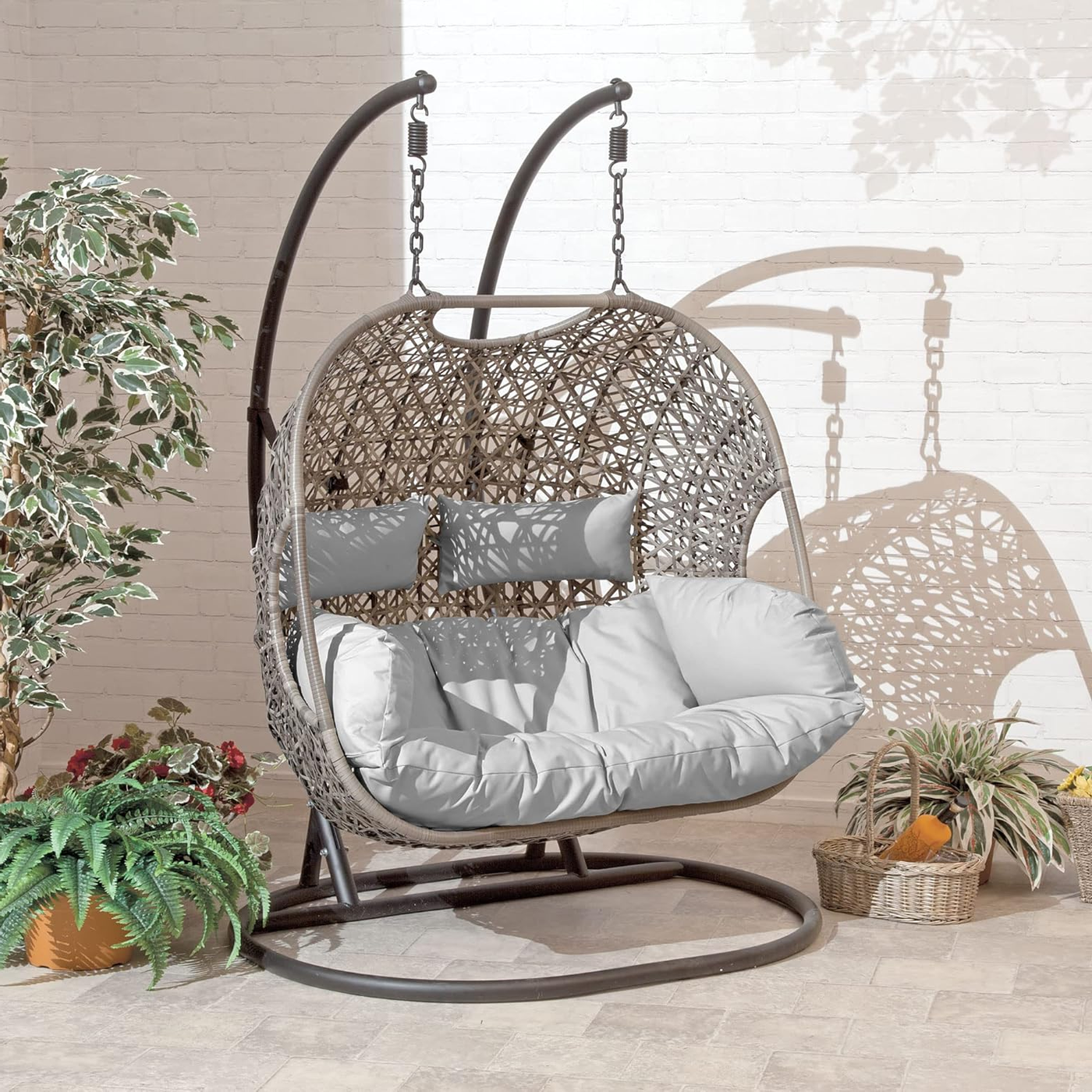 Double Egg Chair with Grey Cushion and Brown Rattan