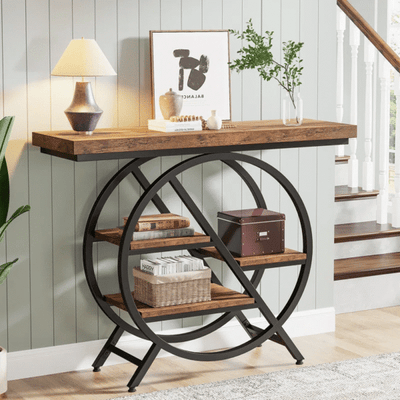 Industrial Console Table with Staggered Shelves – 100cm Wide, Black Frame
