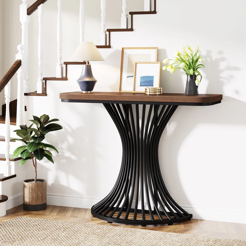 Industrial Console Table with Geometric Metal Base – Rustic Brown & Black
