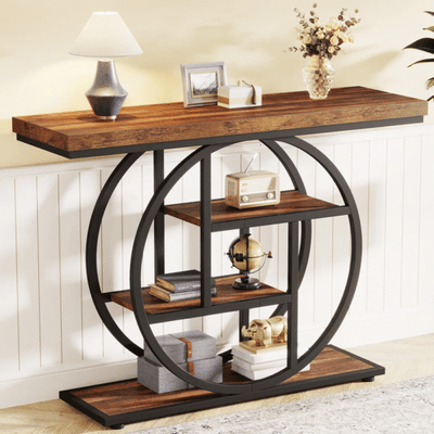 Rustic Brown Industrial Console Table with Circular Frame – 4-Tier Storage
