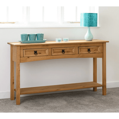 Rustic Pine Console Table with 3 Drawers – Oak Finish Hallway & Entryway Storage Table