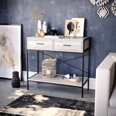 2-Drawer Console Table with Shelf – Grey/Dark Wood Finish