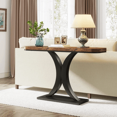 Rustic Industrial Console Table with Curved Edge – Narrow Entryway or Sofa Table