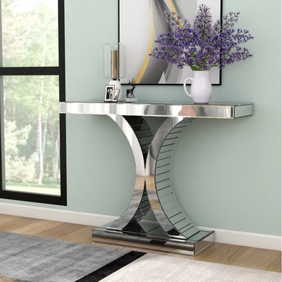 Mirrored Console Table with X-Shaped Base – Silver Finish, 110cm