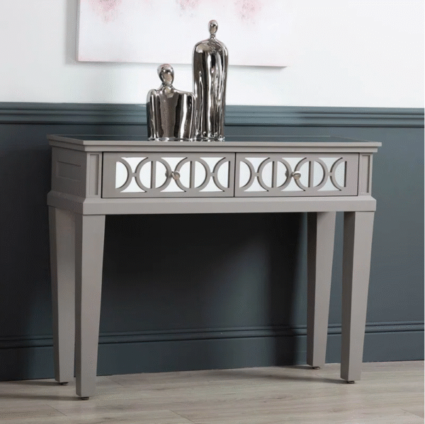 Grey Gloss Console Table with Mirrored Drawers – 2-Drawer, Geometric Front, 107cm