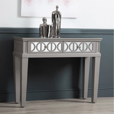 Grey Gloss Console Table with Mirrored Drawers – 2-Drawer, Geometric Front, 107cm