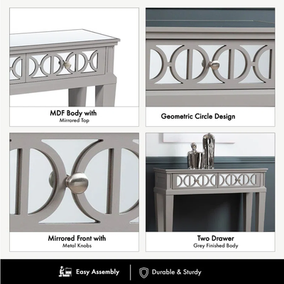 Grey Gloss Console Table with Mirrored Drawers – 2-Drawer, Geometric Front, 107cm