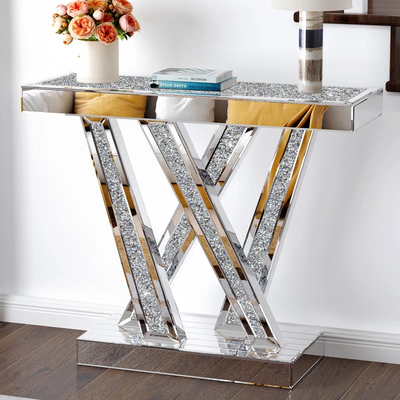 Modern Mirrored Console Table with Diamond Accents & W-Shaped Base – Silver Finish