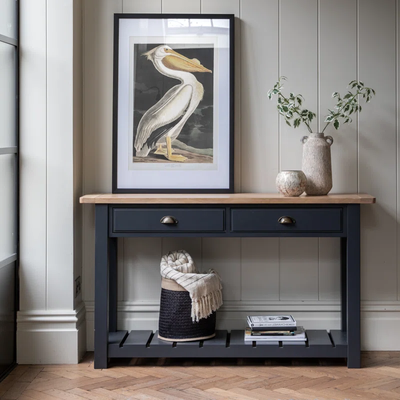 Modern Rustic Console Table with 2 Drawers and Shelf - Hand-Painted Oak Finish