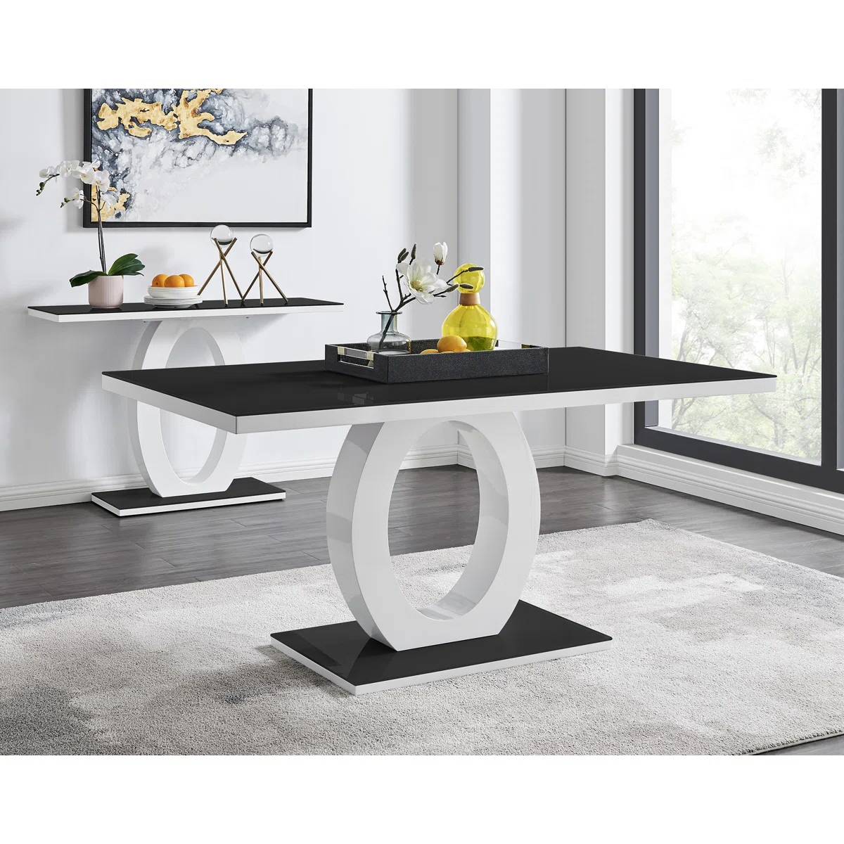 Black Glass & White High Gloss Pedestal Dining Table – 4 to 6 Seater