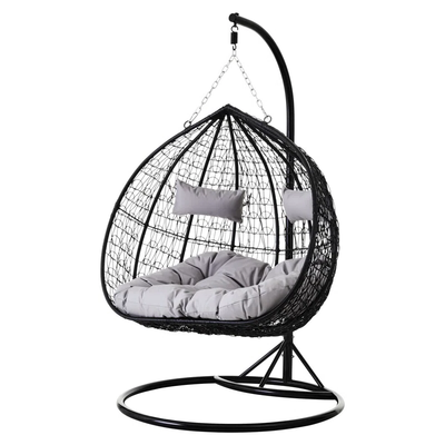 Double Hanging Egg Chair with Cushions – Indoor & Outdoor Swing in Black Rattan