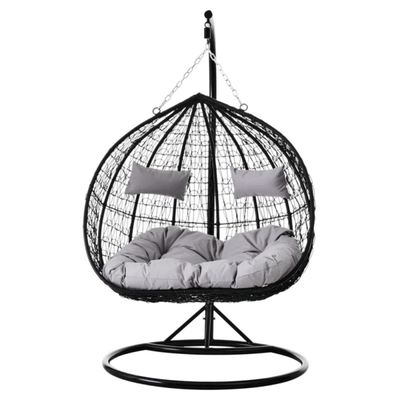 Double Hanging Egg Chair with Cushions – Indoor & Outdoor Swing in Black Rattan