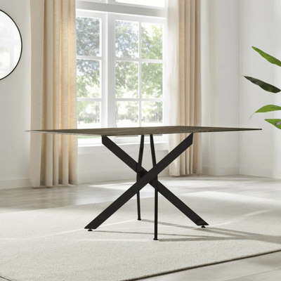 6-Seater Rectangular Glass Dining Table with Marble Effect Top & Starburst Legs