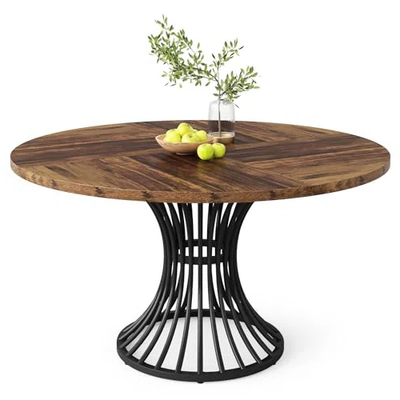 Round 6-Seater Dining Table with Wooden Top & Metal Base – Modern Retro Style