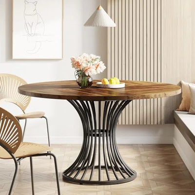 Round 6-Seater Dining Table with Wooden Top & Metal Base – Modern Retro Style