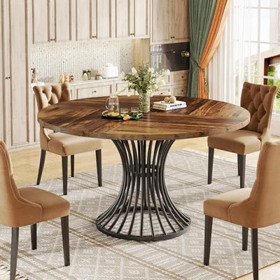 Round 6-Seater Dining Table with Wooden Top & Metal Base – Modern Retro Style
