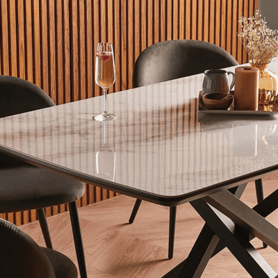 6-Seater Marble Effect Dining Table with Black Cross Base