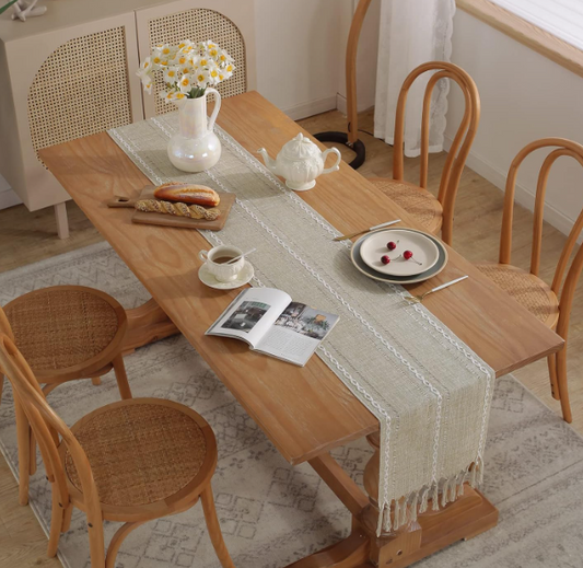 Rustic Table Runner with Tassels – Handmade Braided Polyester Burlap