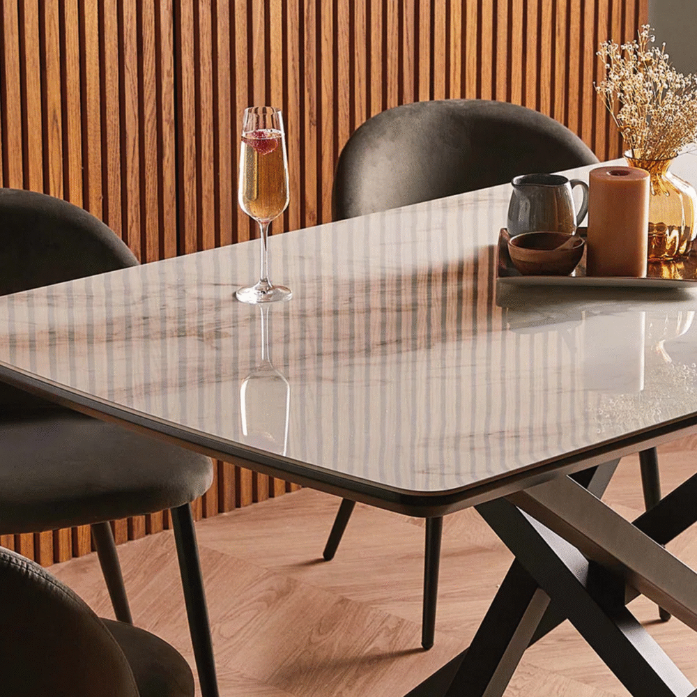 6-Seater Marble Effect Dining Table with Black Cross Base - Image 2