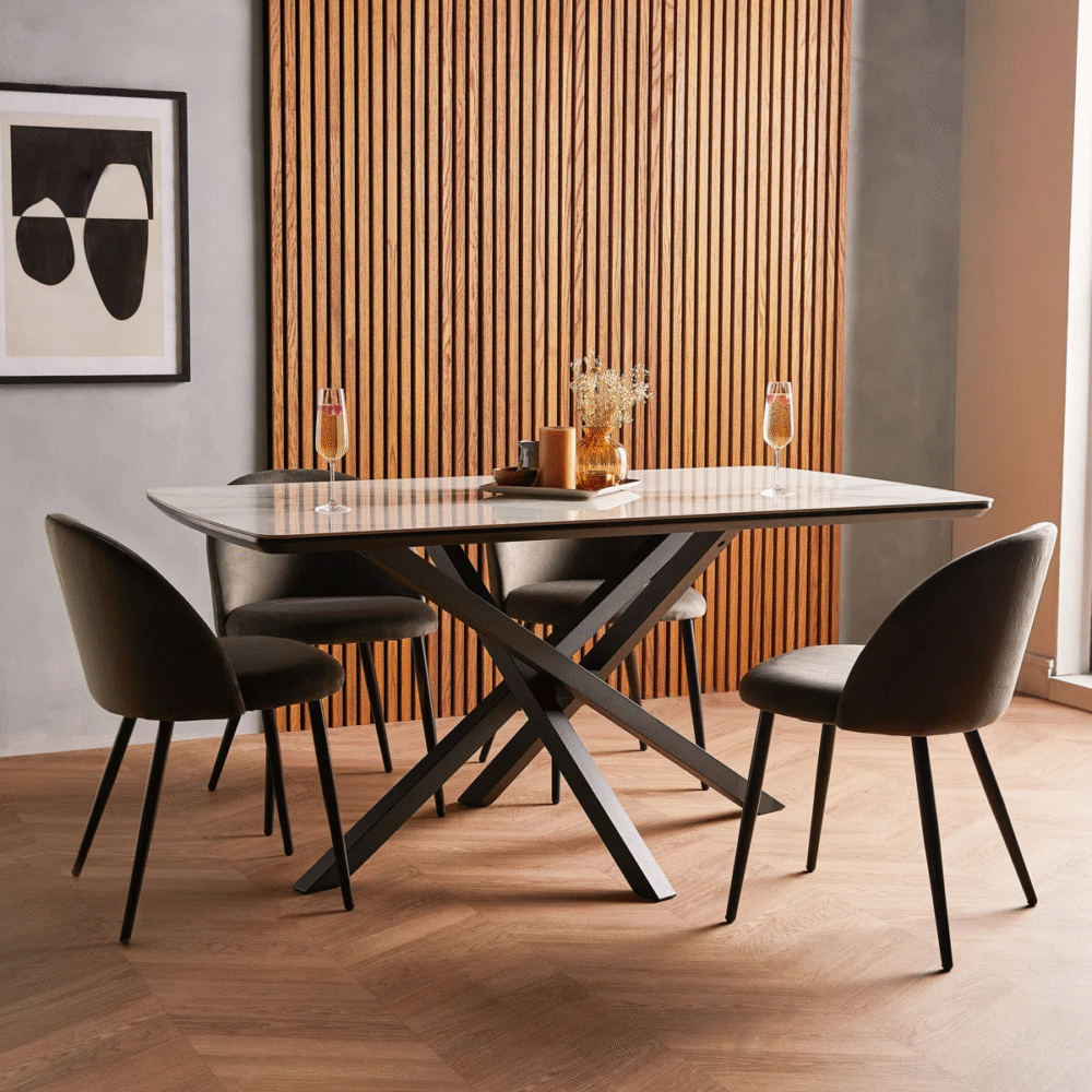 6-Seater Marble Effect Dining Table with Black Cross Base - Image 3