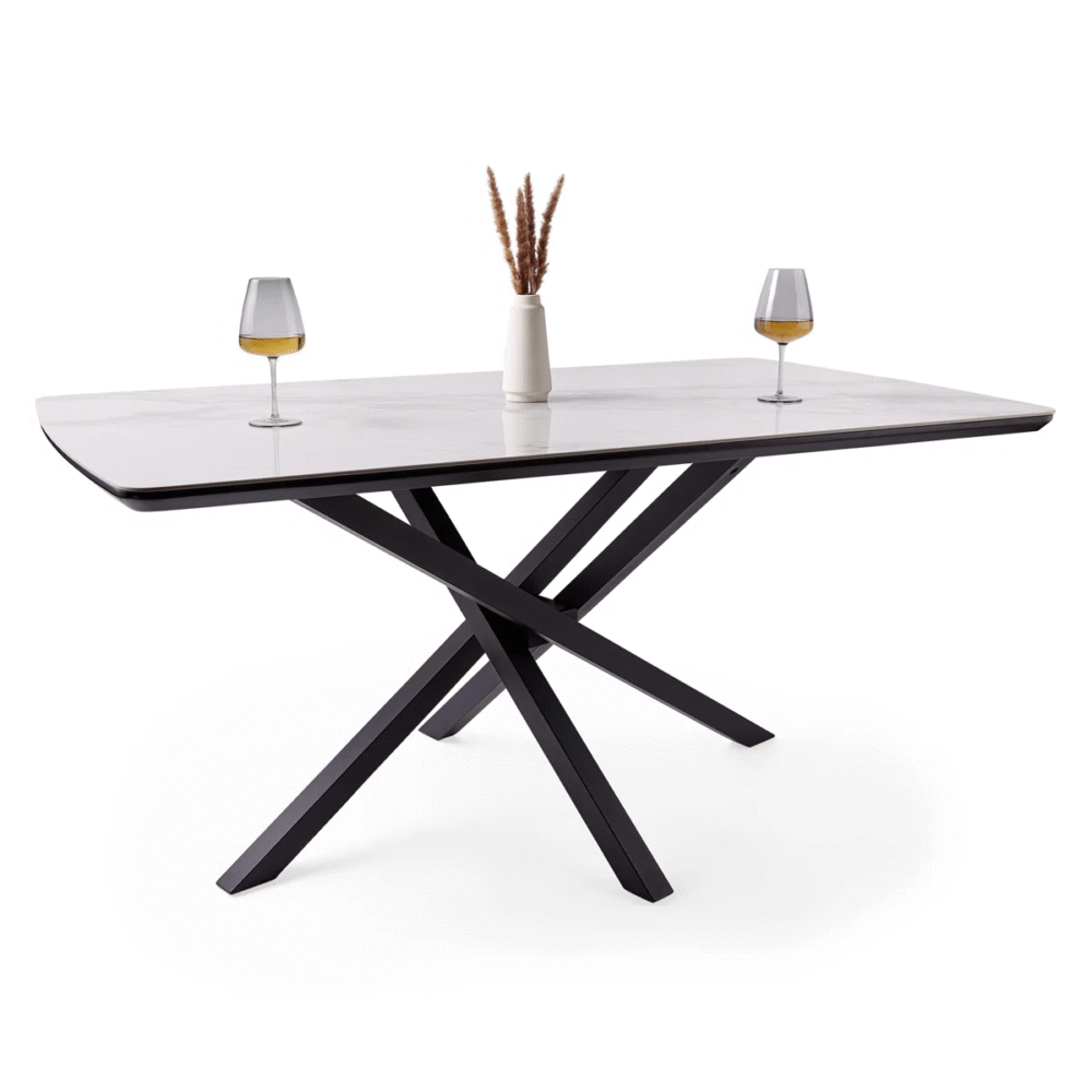 6-Seater Marble Effect Dining Table with Black Cross Base - Image 4