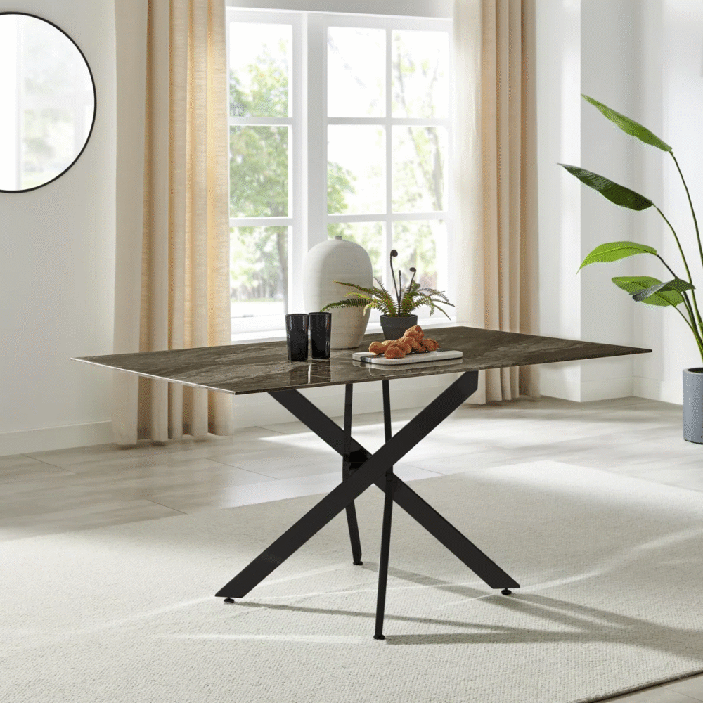 6-Seater Rectangular Glass Dining Table with Marble Effect Top & Starburst Legs