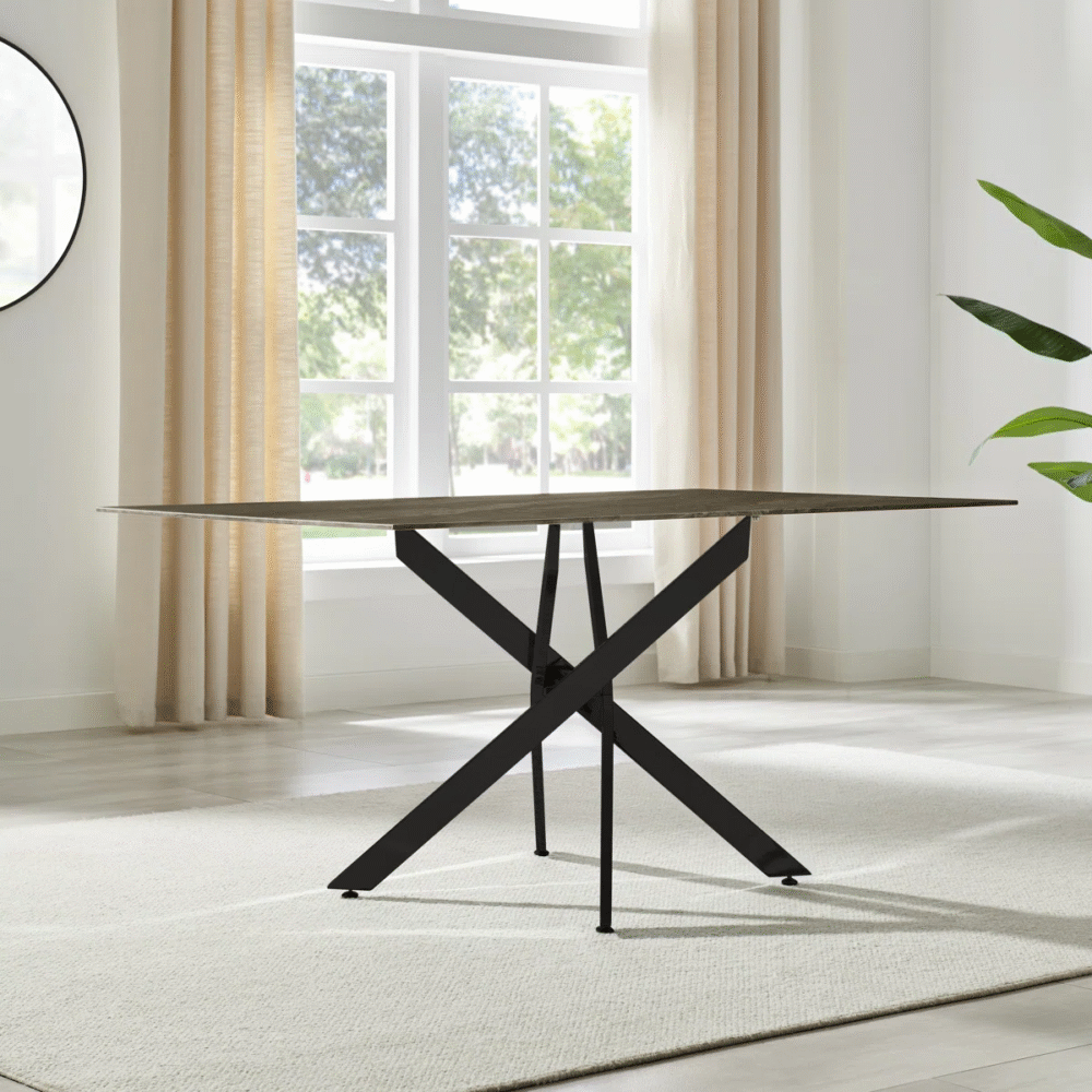 6-Seater Rectangular Glass Dining Table with Marble Effect Top & Starburst Legs - Image 2