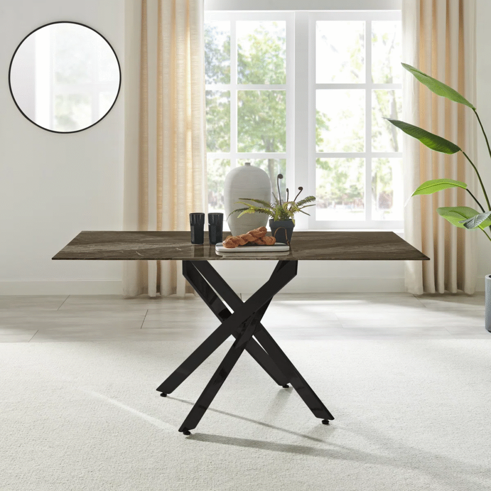6-Seater Rectangular Glass Dining Table with Marble Effect Top & Starburst Legs - Image 3