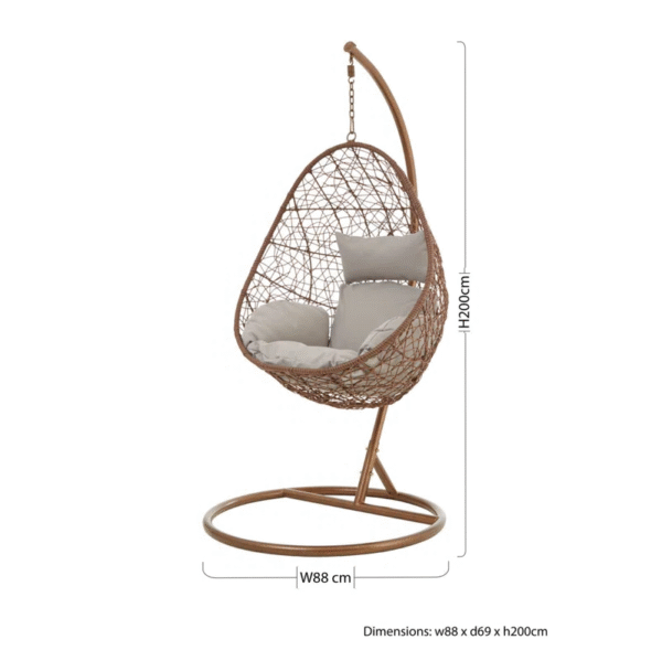 Large Brown Hanging Egg Chair with Grey Cushion and Stand – Indoor and Outdoor Use - Image 3