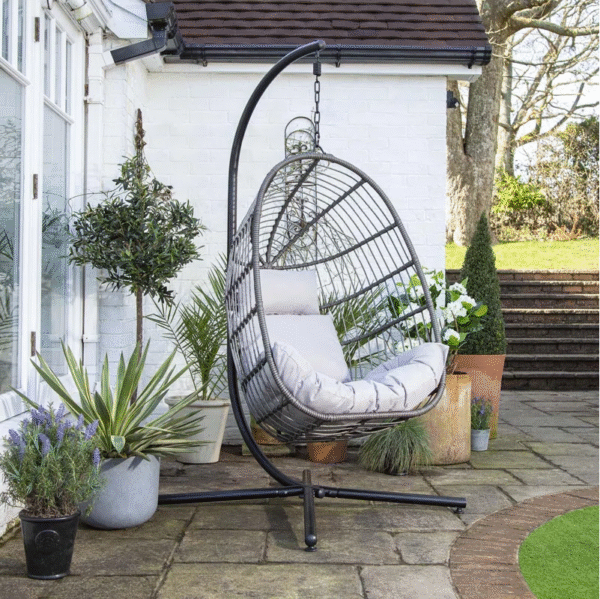 Dark Grey Hanging Egg Chair with Off-White Cushion and Stand – Indoor & Outdoor Use - Image 2