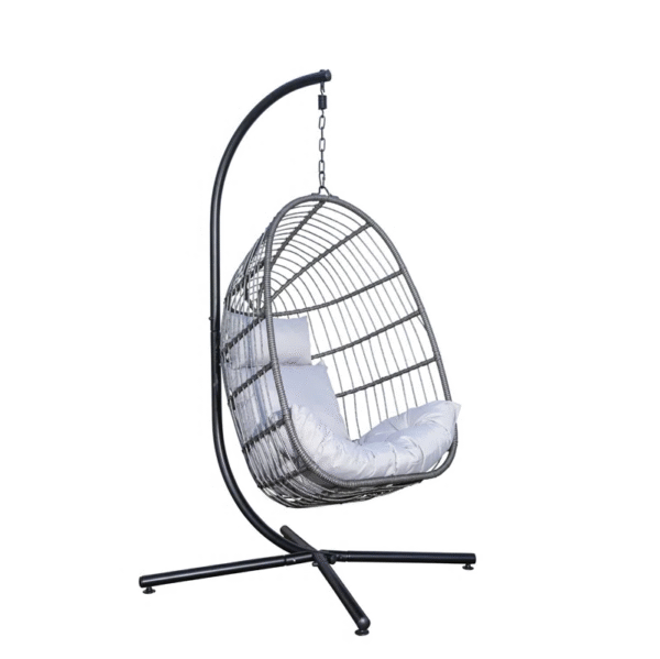 Dark Grey Hanging Egg Chair with Off-White Cushion and Stand – Indoor & Outdoor Use