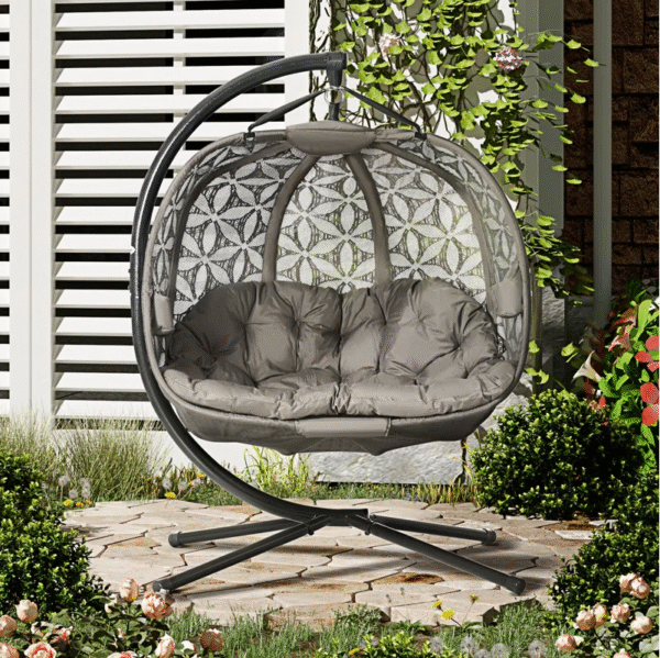 Grey Double Hanging Egg Chair with Stand and Cushions – Indoor & Outdoor Two-Seater Swing - Image 4
