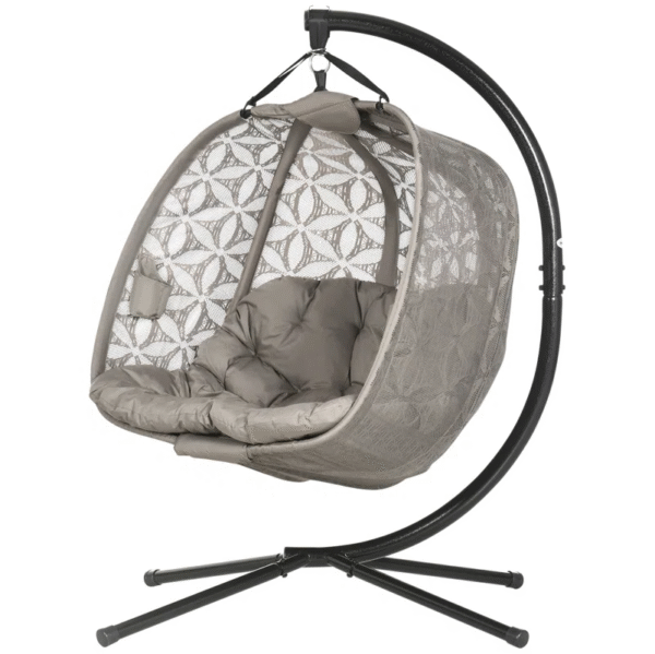 Grey Double Hanging Egg Chair with Stand and Cushions – Indoor & Outdoor Two-Seater Swing
