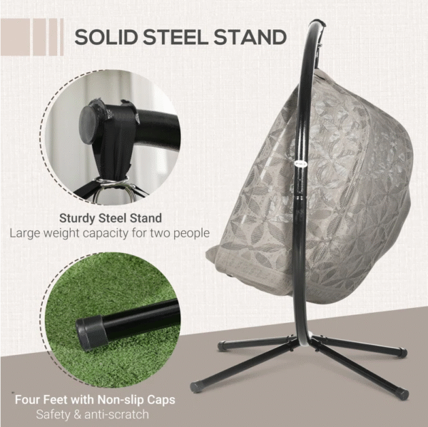 Grey Double Hanging Egg Chair with Stand and Cushions – Indoor & Outdoor Two-Seater Swing - Image 3