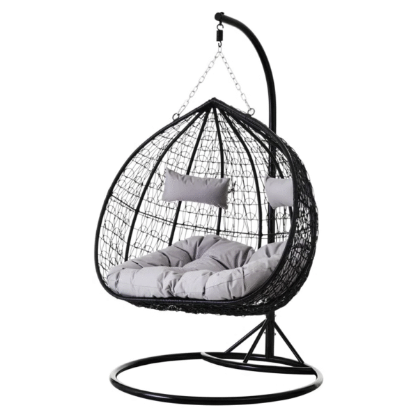 Black Rattan Effect Double Hanging Egg Chair with Stand and Grey Cushions