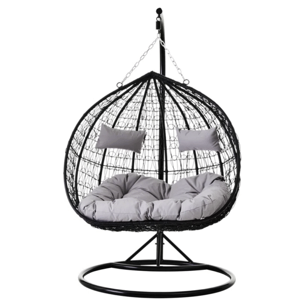 Black Rattan Effect Double Hanging Egg Chair with Stand and Grey Cushions - Image 2