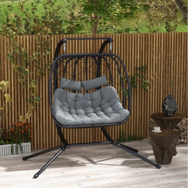 Large Double Hanging Egg Chair for Garden with Stand and Grey Cushion – Weather Resistant - Image 3