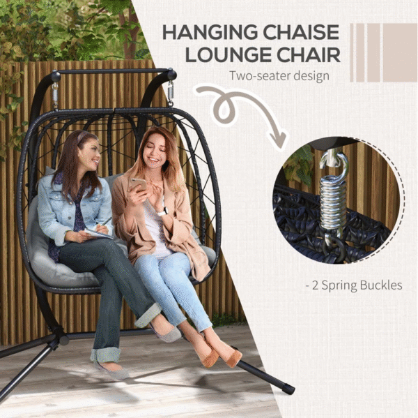 Large Double Hanging Egg Chair for Garden with Stand and Grey Cushion – Weather Resistant - Image 4