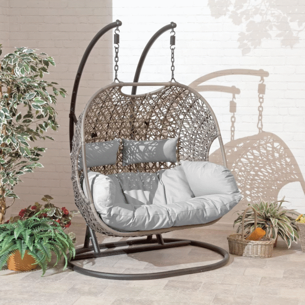 Double Egg Chair with Grey Cushion and Brown Rattan