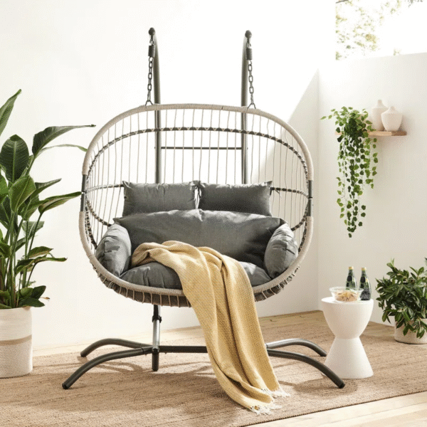 Double Hanging Egg Chair with Grey Cushions – Stylish Indoor & Outdoor Hammock Swing - Image 2