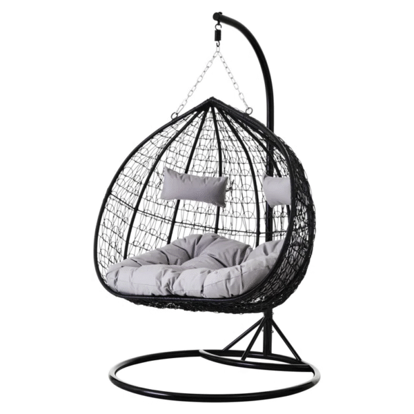 Double Hanging Egg Chair with Cushions – Indoor & Outdoor Swing in Black Rattan