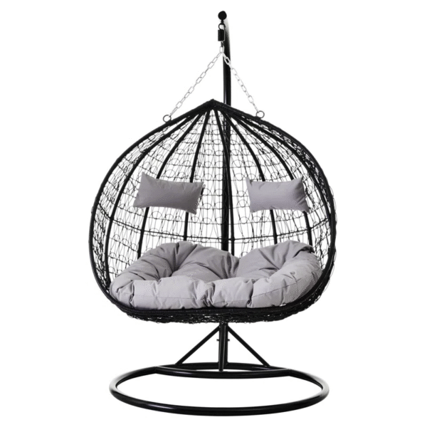 Double Hanging Egg Chair with Cushions – Indoor & Outdoor Swing in Black Rattan - Image 2